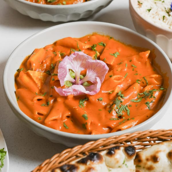 A bowl of Ticca Tikka's Indian penne pasta in a creamy orange sauce, garnished with a pink flower.