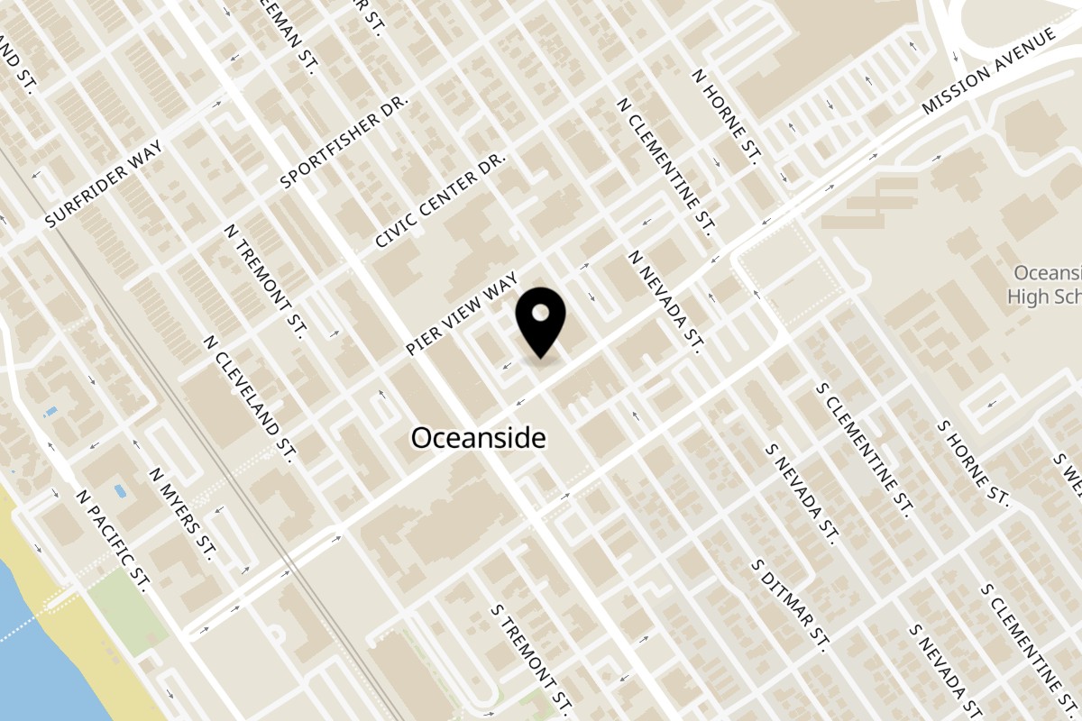 Map showing the location of Ticca Tikka Indian Cuisine Oceanside on 600 Mission Ave in Oceanside